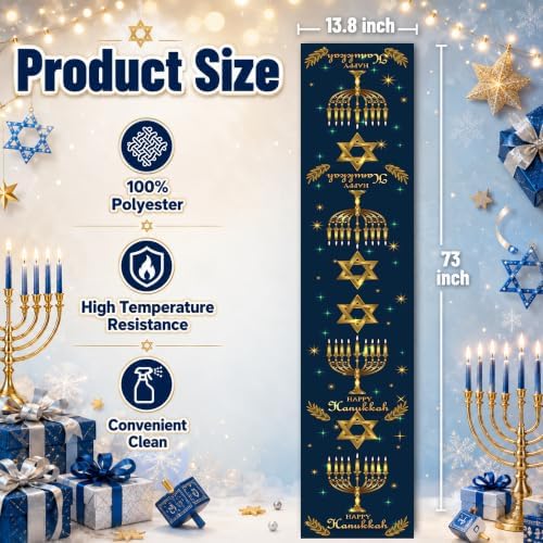 Hanukkah Decorations - Navy Blue Gold Hanukkah Table Runner, alternate view 2