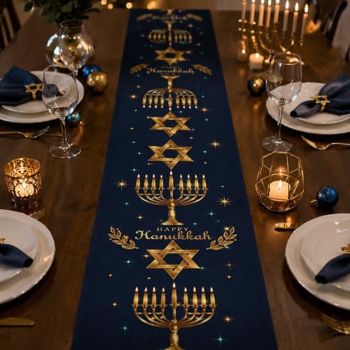 Hanukkah Decorations - Navy Blue Gold Hanukkah Table Runner, alternate view 3