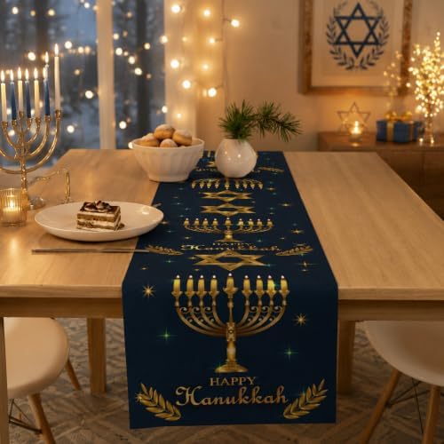 Hanukkah Decorations - Navy Blue Gold Hanukkah Table Runner, alternate view 4