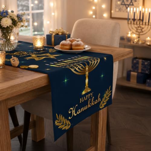 Hanukkah Decorations - Navy Blue Gold Hanukkah Table Runner, alternate view 5