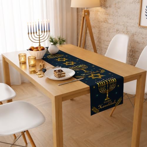 Hanukkah Decorations - Navy Blue Gold Hanukkah Table Runner, alternate view 6