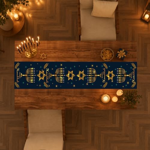 Hanukkah Decorations - Navy Blue Gold Hanukkah Table Runner, alternate view 7
