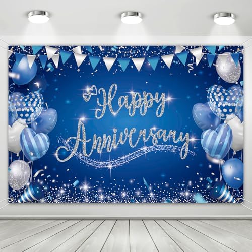 Happy Anniversary Backdrop, Blue & Silver Happy Wedding Anniversary Photo Background Wall Decor, Couples