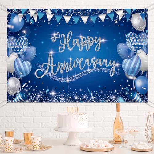 Happy Anniversary Backdrop, Blue & Silver Happy Wedding Anniversary Photo Background Wall Decor, Couples, alternate view 2