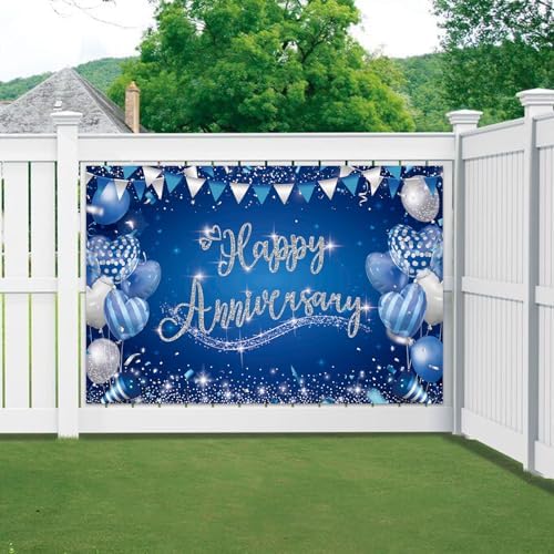 Happy Anniversary Backdrop, Blue & Silver Happy Wedding Anniversary Photo Background Wall Decor, Couples, alternate view 3