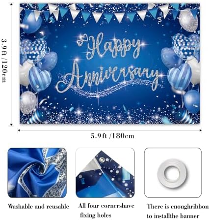 Happy Anniversary Backdrop, Blue & Silver Happy Wedding Anniversary Photo Background Wall Decor, Couples, alternate view 4
