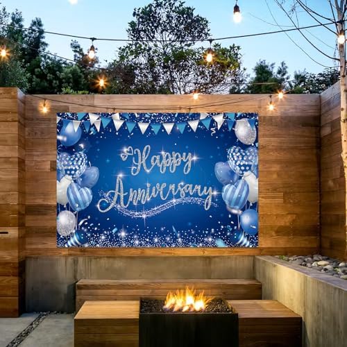 Happy Anniversary Backdrop, Blue & Silver Happy Wedding Anniversary Photo Background Wall Decor, Couples, alternate view 5
