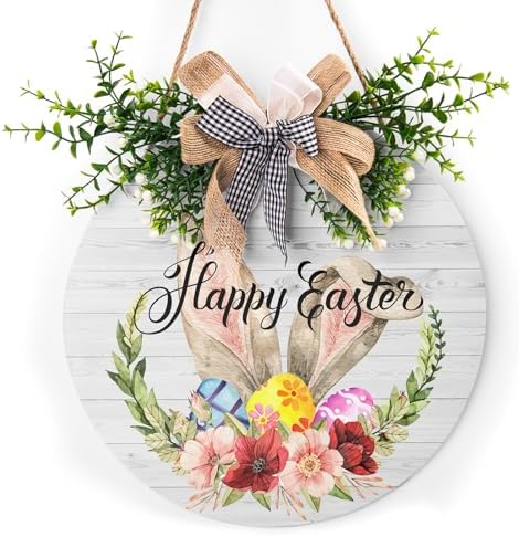 Happy Easter Bunny Rabbit 12x12 Inch Wooden Hanging Sign Cute Easter Bunny Welcome Wreaths for Front Door Floral