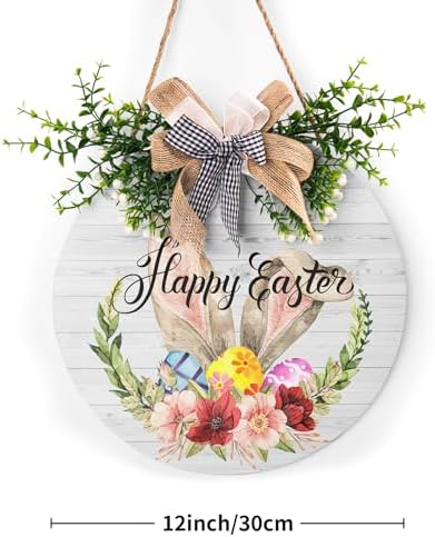 Happy Easter Bunny Rabbit 12x12 Inch Wooden Hanging Sign Cute Easter Bunny Welcome Wreaths for Front Door Floral, alternate