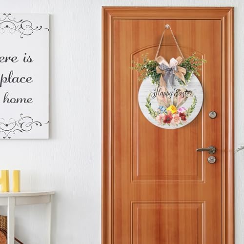 Happy Easter Bunny Rabbit 12x12 Inch Wooden Hanging Sign Cute Easter Bunny Welcome Wreaths for Front Door Floral, alternate
