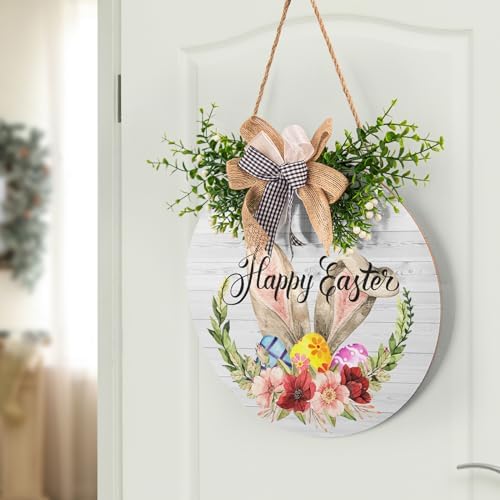 Happy Easter Bunny Rabbit 12x12 Inch Wooden Hanging Sign Cute Easter Bunny Welcome Wreaths for Front Door Floral, alternate