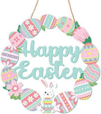 Happy Easter Decorations Sign, Wooden Bunny Eggs Wreath welcome sign for Front Door Porch Window door