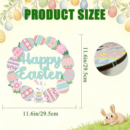 Happy Easter Decorations Sign, Wooden Bunny Eggs Wreath welcome sign for Front Door Porch Window door, alternate view 2