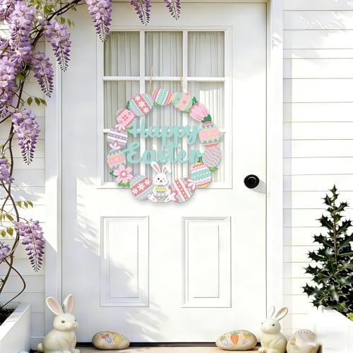 Happy Easter Decorations Sign, Wooden Bunny Eggs Wreath welcome sign for Front Door Porch Window door, alternate view 4
