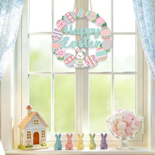 Happy Easter Decorations Sign, Wooden Bunny Eggs Wreath welcome sign for Front Door Porch Window door, alternate view 6