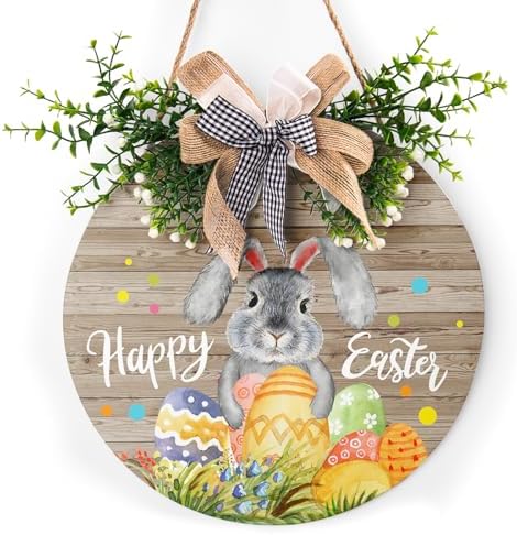 Happy Easter Wooden Hanging Sign Welcome Wreaths for Front Door Rustic Easter Door Decoration with Bow Cute
