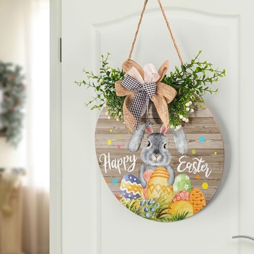 Happy Easter Wooden Hanging Sign Welcome Wreaths for Front Door Rustic Easter Door Decoration with Bow Cute, alternate view 7