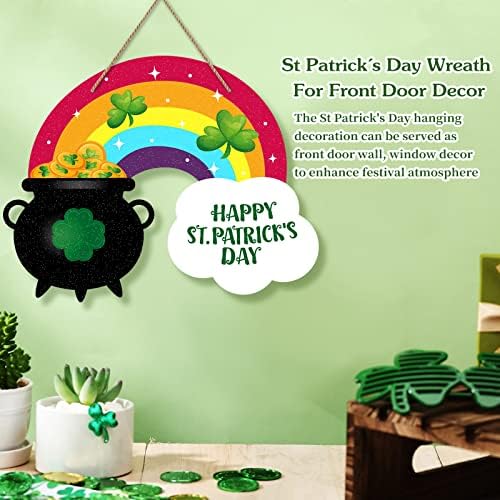 Happy St.Patricks Day Door Sign Rainbow Shamrock Clover Wreath Sign for Front Door St. Patrick's Day Decorations, alternate
