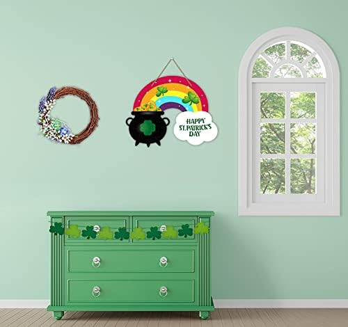 Happy St.Patricks Day Door Sign Rainbow Shamrock Clover Wreath Sign for Front Door St. Patrick's Day Decorations, alternate