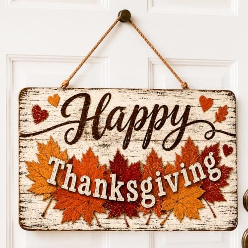 Happy Thanksgiving Door Sign, Rustic Wooden Maple Leaf Fall Hanging Decor in Muted Fall Multicolor5