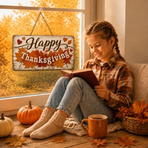 Happy Thanksgiving Door Sign, Rustic Wooden Maple Leaf Fall Hanging Decor in Muted Fall Multicolor5, alternate view 5