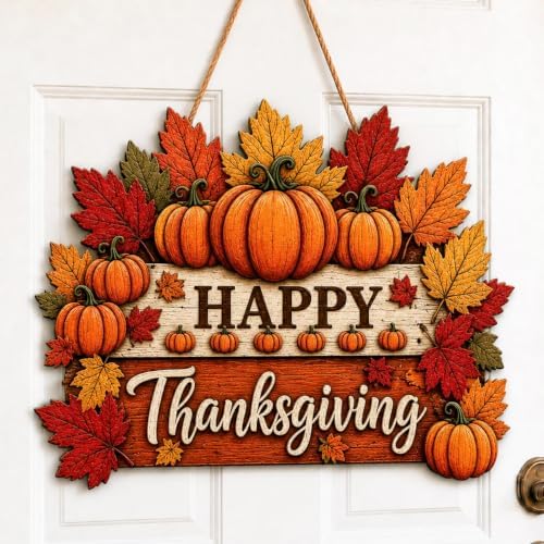 Happy Thanksgiving Door Sign, Wooden Pumpkin Maple Leaf Fall Wreath Decor in Muted Fall Multicolor1