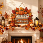 Happy Thanksgiving Door Sign, Wooden Pumpkin Maple Leaf Fall Wreath Decor in Muted Fall Multicolor1, alternate view 3
