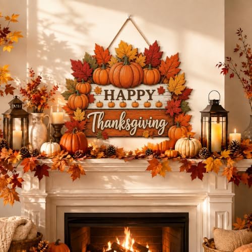 Happy Thanksgiving Door Sign, Wooden Pumpkin Maple Leaf Fall Wreath Decor in Muted Fall Multicolor1, alternate view 3