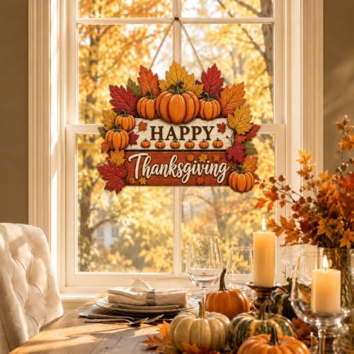 Happy Thanksgiving Door Sign, Wooden Pumpkin Maple Leaf Fall Wreath Decor in Muted Fall Multicolor1, alternate view 4
