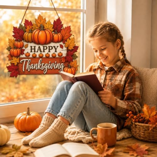 Happy Thanksgiving Door Sign, Wooden Pumpkin Maple Leaf Fall Wreath Decor in Muted Fall Multicolor1, alternate view 5