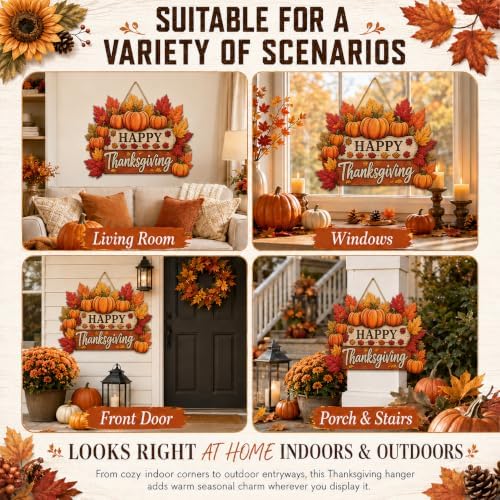 Happy Thanksgiving Door Sign, Wooden Pumpkin Maple Leaf Fall Wreath Decor in Muted Fall Multicolor1, alternate view 6