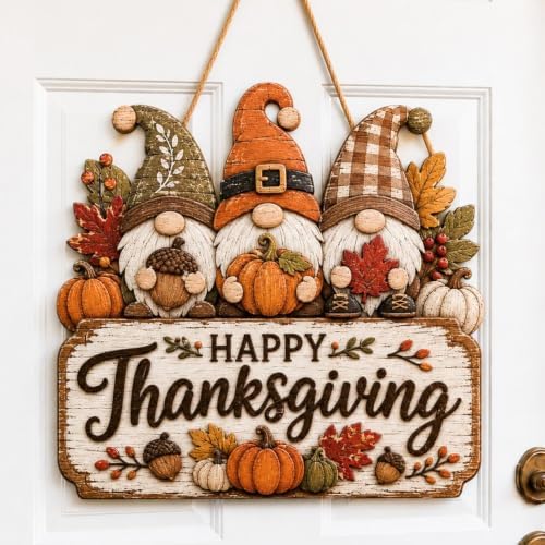 Happy Thanksgiving Gnome Door Sign, Wooden Pumpkin Fall Hanging Wreath