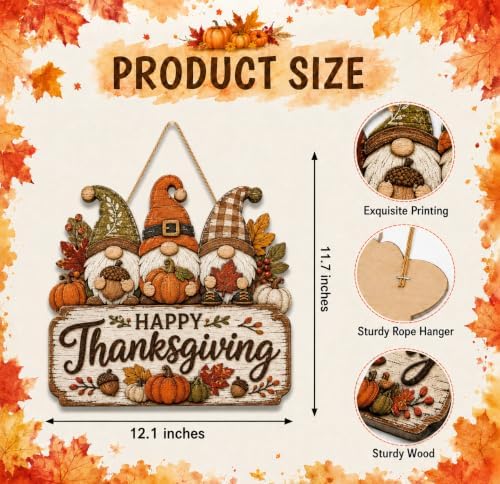 Happy Thanksgiving Gnome Door Sign, Wooden Pumpkin Fall Hanging Wreath, alternate view 2