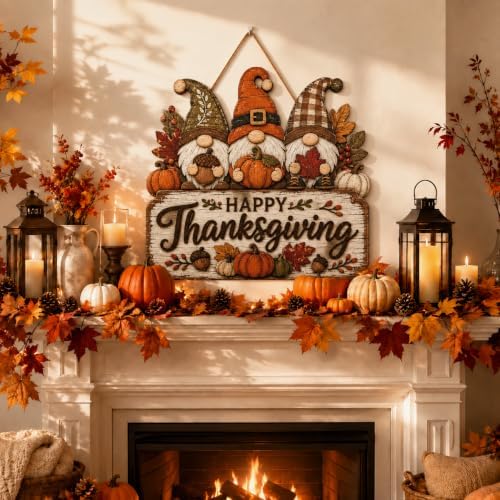 Happy Thanksgiving Gnome Door Sign, Wooden Pumpkin Fall Hanging Wreath, alternate view 3