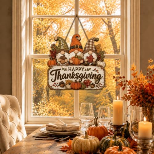 Happy Thanksgiving Gnome Door Sign, Wooden Pumpkin Fall Hanging Wreath, alternate view 4