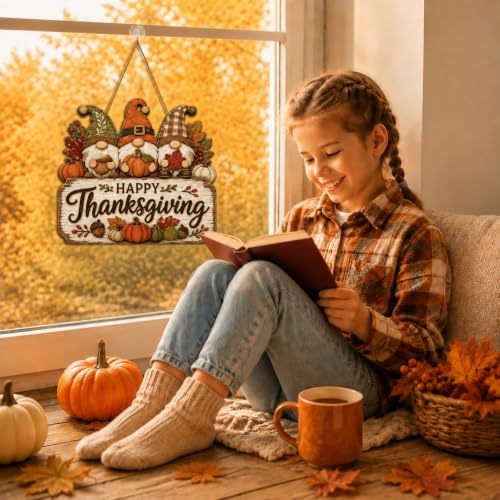 Happy Thanksgiving Gnome Door Sign, Wooden Pumpkin Fall Hanging Wreath, alternate view 5