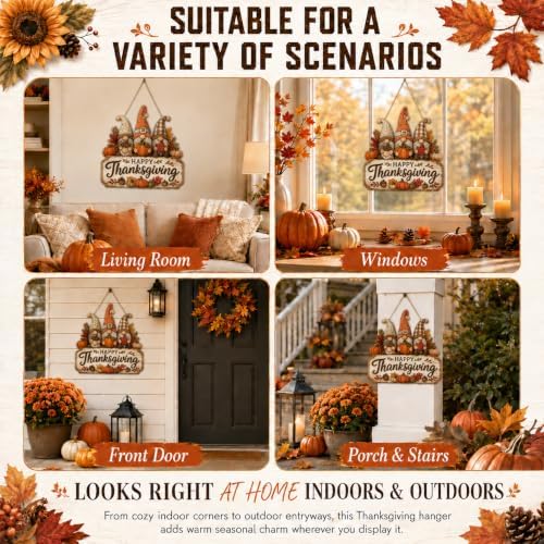Happy Thanksgiving Gnome Door Sign, Wooden Pumpkin Fall Hanging Wreath, alternate view 6