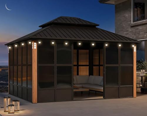Hardtop Gazebo 12' X 14' with LED Enclosed Solarium Bronze