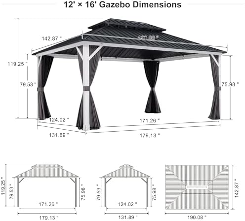 Hardtop Gazebo 12' x 16' Pavilion White Frame, alternate view 2