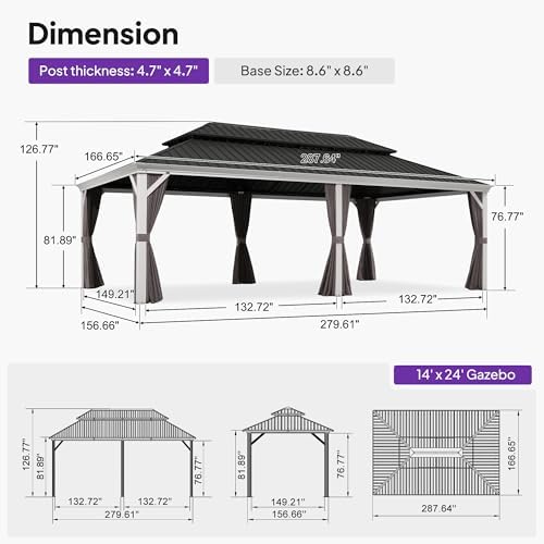 Hardtop Gazebo 14' x 24' Double Steel Roof White Pole, Grey in Grey, alternate view 2