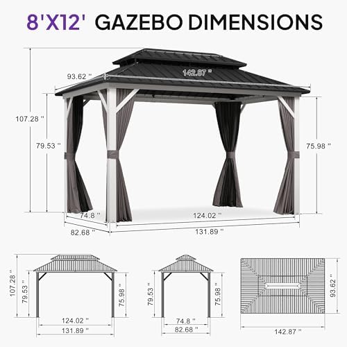 Hardtop Gazebo 8' x 12' Galvanized Steel Roof White Frame, alternate view 2