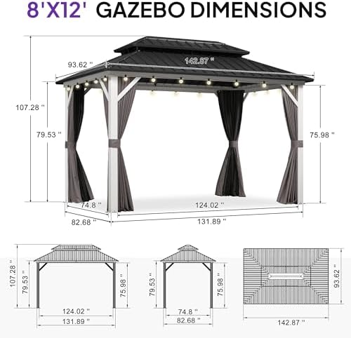 Hardtop Gazebo 8' x 12' Pavilion White Frame, alternate view 2
