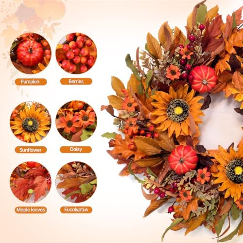 Harvest Fall Wreaths for Front Door - Farmhouse Thanksgiving Wreath Decor, alternate view 2