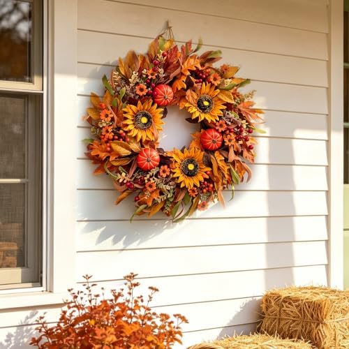 Harvest Fall Wreaths for Front Door - Farmhouse Thanksgiving Wreath Decor, alternate view 7