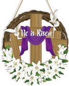 He is Risen Easter Decor, Wooden Religious Easter Wreaths for Front Door, Christian Easter Cross Flowers Sign