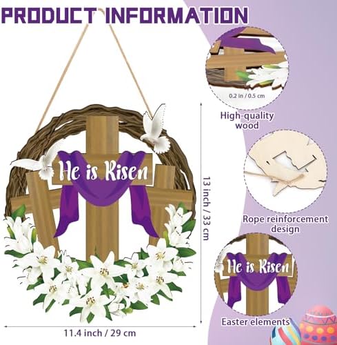 He is Risen Easter Decor, Wooden Religious Easter Wreaths for Front Door, Christian Easter Cross Flowers Sign, alternate view