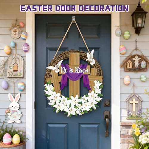He is Risen Easter Decor, Wooden Religious Easter Wreaths for Front Door, Christian Easter Cross Flowers Sign, alternate view
