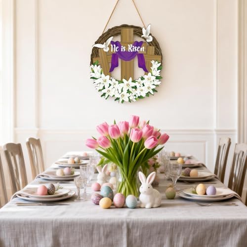 He is Risen Easter Decor, Wooden Religious Easter Wreaths for Front Door, Christian Easter Cross Flowers Sign, alternate view