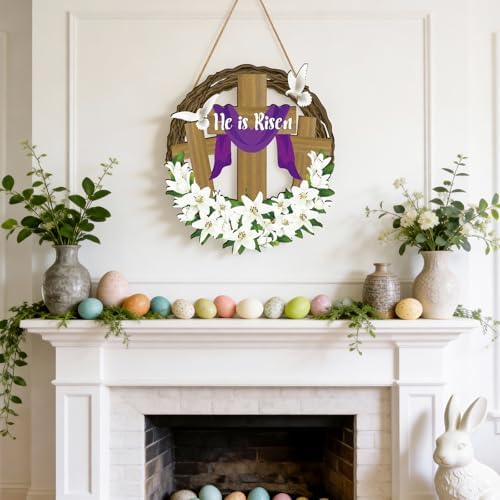 He is Risen Easter Decor, Wooden Religious Easter Wreaths for Front Door, Christian Easter Cross Flowers Sign, alternate view
