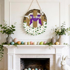 He is Risen Easter Decor, Wooden Religious Easter Wreaths for Front Door, Christian Easter Cross Flowers Sign, alternate view
